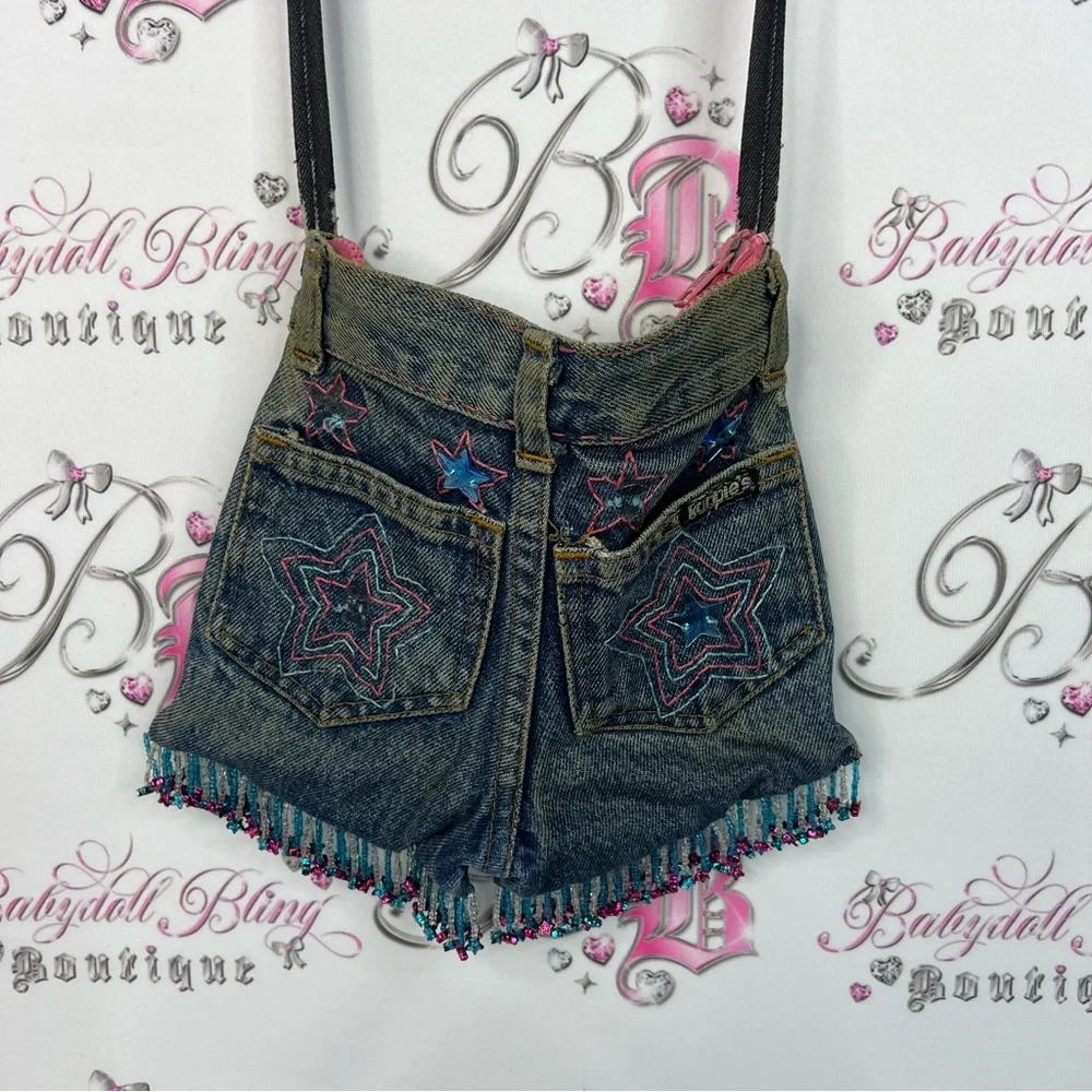 Kappies bag purse shorts mini western stars tassle Denim Mini Bag Strap cowgirl - Picture 6 of 7